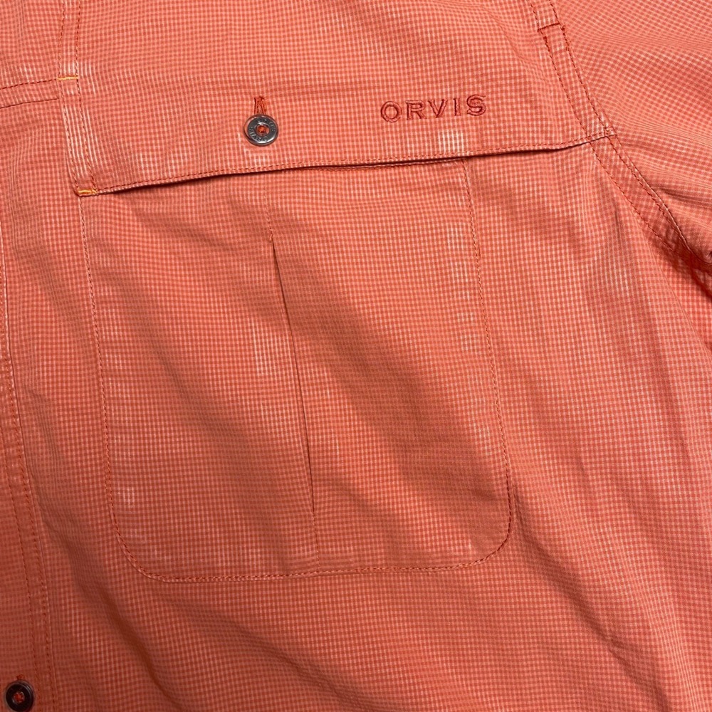 Orvis Mens Large Orange Micro Check Short Sleeve Vented Fishing Shirt Button Up - Picture 2 of 16